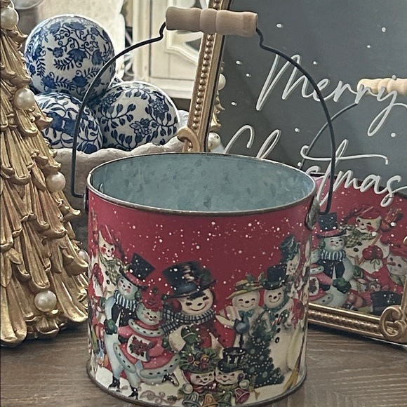 Other - NEW! Vintage Inspired Retro Winter Snowman Metal Christmas Holiday Bucket Basket